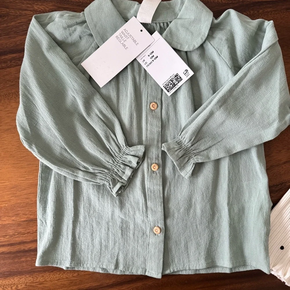 NWT H&M Sage Green Crepe Blouse and White Polka Dot Cotton Pants Set 12M
